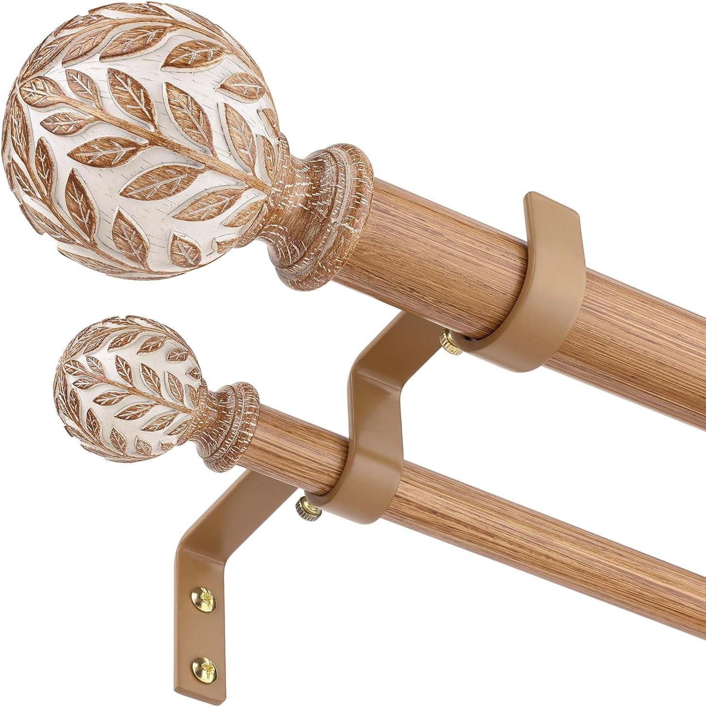 Wood Double Curtain Rod 36-153 Inch, Boho Decorative Extra Long Dual Curtain Rods for Windows, 1" Adjustable Heavy Duty Double Rod, Unique Handmade Imitation Wood Grain Leaf Finials Design