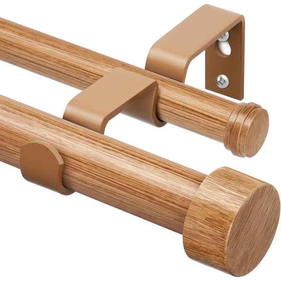 Wood Double Curtain Rod, Adjustable 66 to 120 Inches, 1 Inch Heavy Duty Long Rod with Wood Grain Finish and End Caps