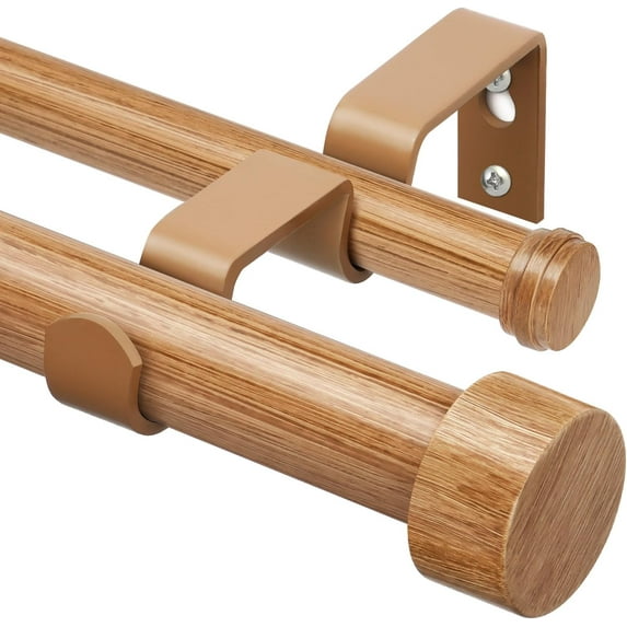 Wood Double Curtain Rod for Windows 66 to 120 Inches (5.5-10 Feet), 1 Inch Heavy Duty Long Curtain Rods for Windows, Wood Grain Telescoping Drapery Rods with End Caps