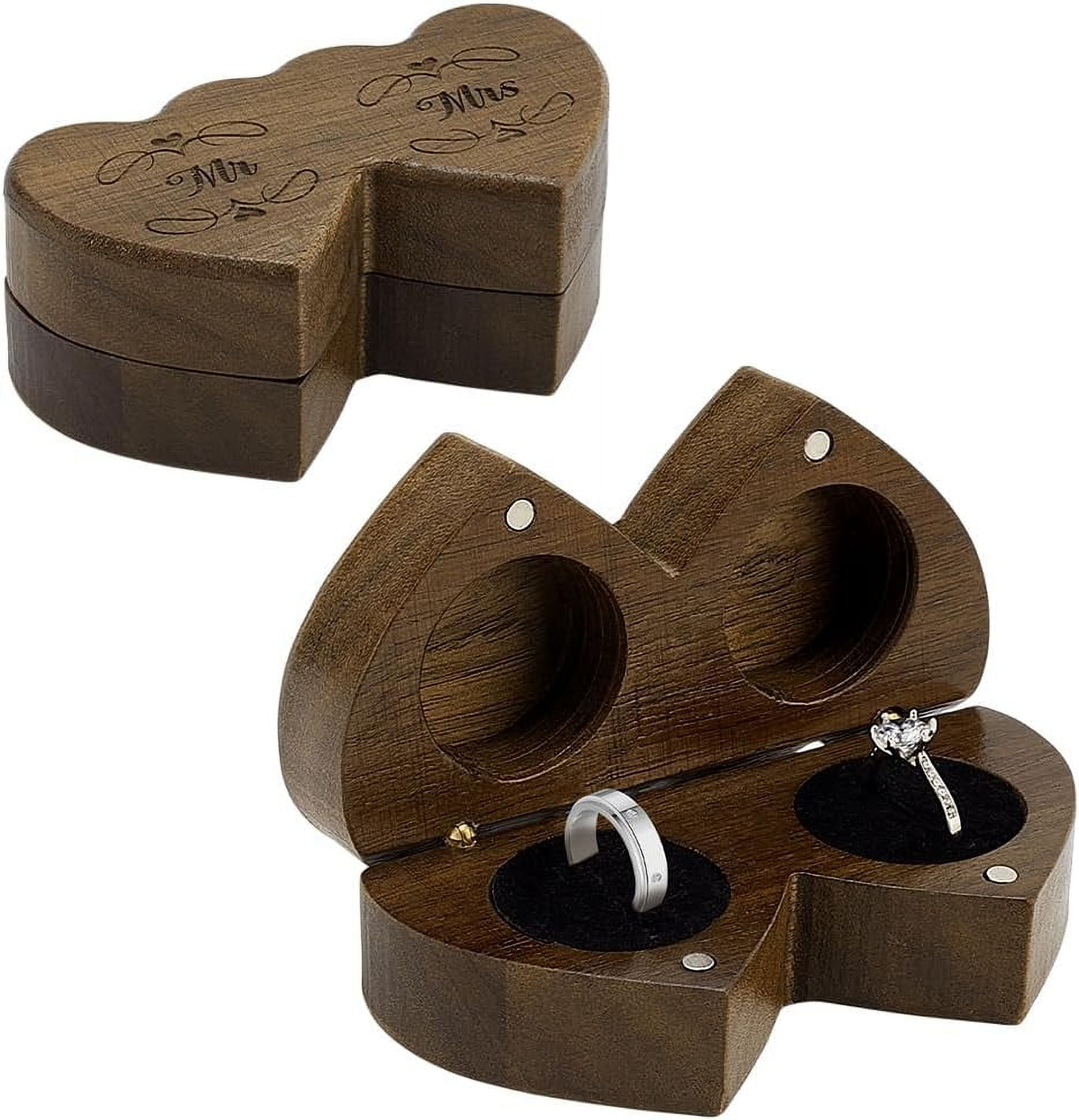 Wood Double Ring Box Mr and Mrs Ring Bearer Box Heart Shape Ring ...