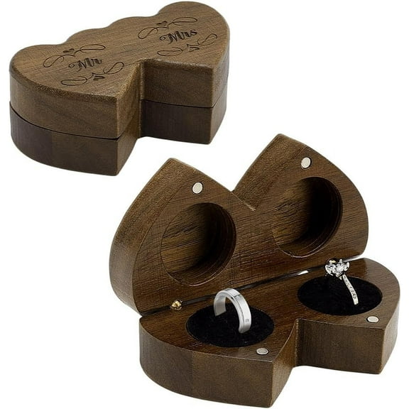 Wood Double Ring Box Mr and Mrs Ring Bearer Box Heart Shape Ring Jewelry Box Rustic Engraved Ring Case Holder with Black Inner Velvet for Wedding Ceremony Engagement Proposal diy