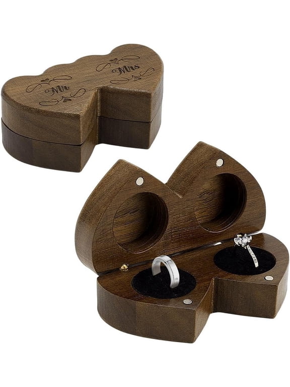 Wood Double Ring Box Mr and Mrs Ring Bearer Box Heart Shape Ring Jewelry Box Rustic Engraved Ring Case Holder with Black Inner Velvet for Wedding Ceremony Engagement Proposal diy