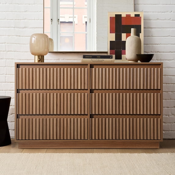 UPGO 44.8'' Fluted Dresser for Living Room, Bedroom, Hallway, Entryway with Deep 6 drawers, Wooden Dresser