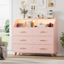Wood Dresser for Bedroom, 6 Drawer Dresser with LED Lights & Charging Station, Modern Dressers & Chests of Drawers for Closet, TV Stand, Living Room, Entryway, Hallway
