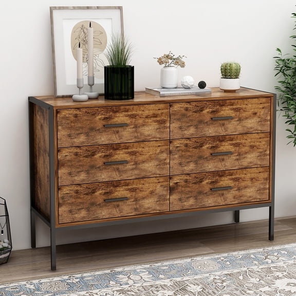 Wood Dresser for Bedroom with 6 Drawers, Chest of Drawers, Bedroom Furniture, Nightstand, Clothes Storage Organizer Cabinet for Bedroom, Closet, Nursery, Dining Room, Living Room, Rustic Brown