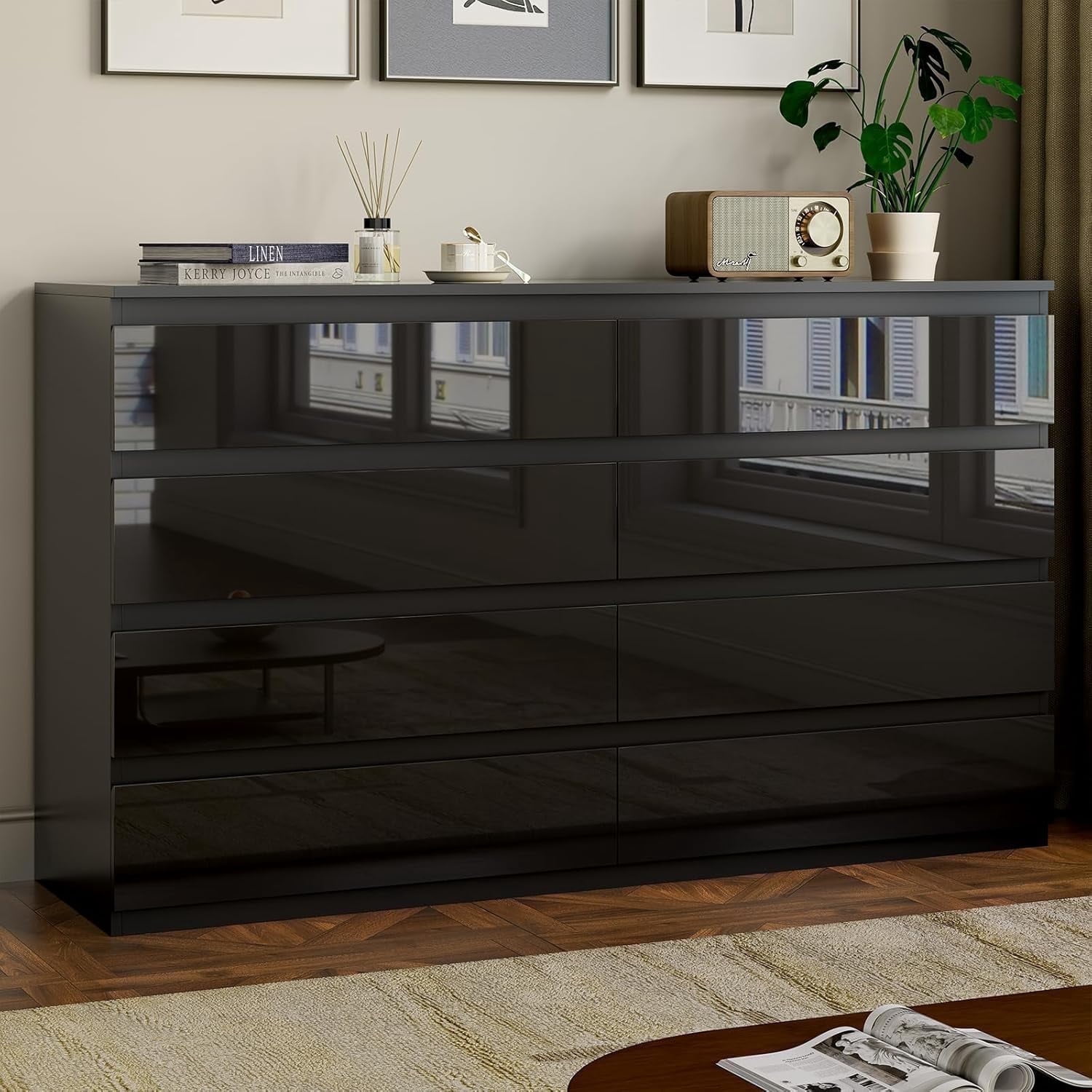 Selooye 8-Drawer Modern Wooden Dresser, 55In Wide Modern Dresser with Storage Dresser Wide Wooden Chest Drawers for Living Room, Entryway, TV Stand，Black