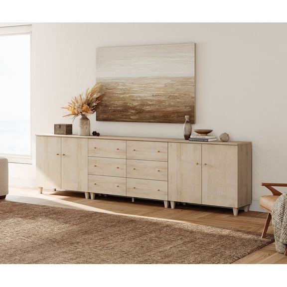 Wood Dresser with 6 Drawers and 2 Cabinets for Bedroom, Modern Chest of Drawer, 118" Wide, Light Oak Wood Finish