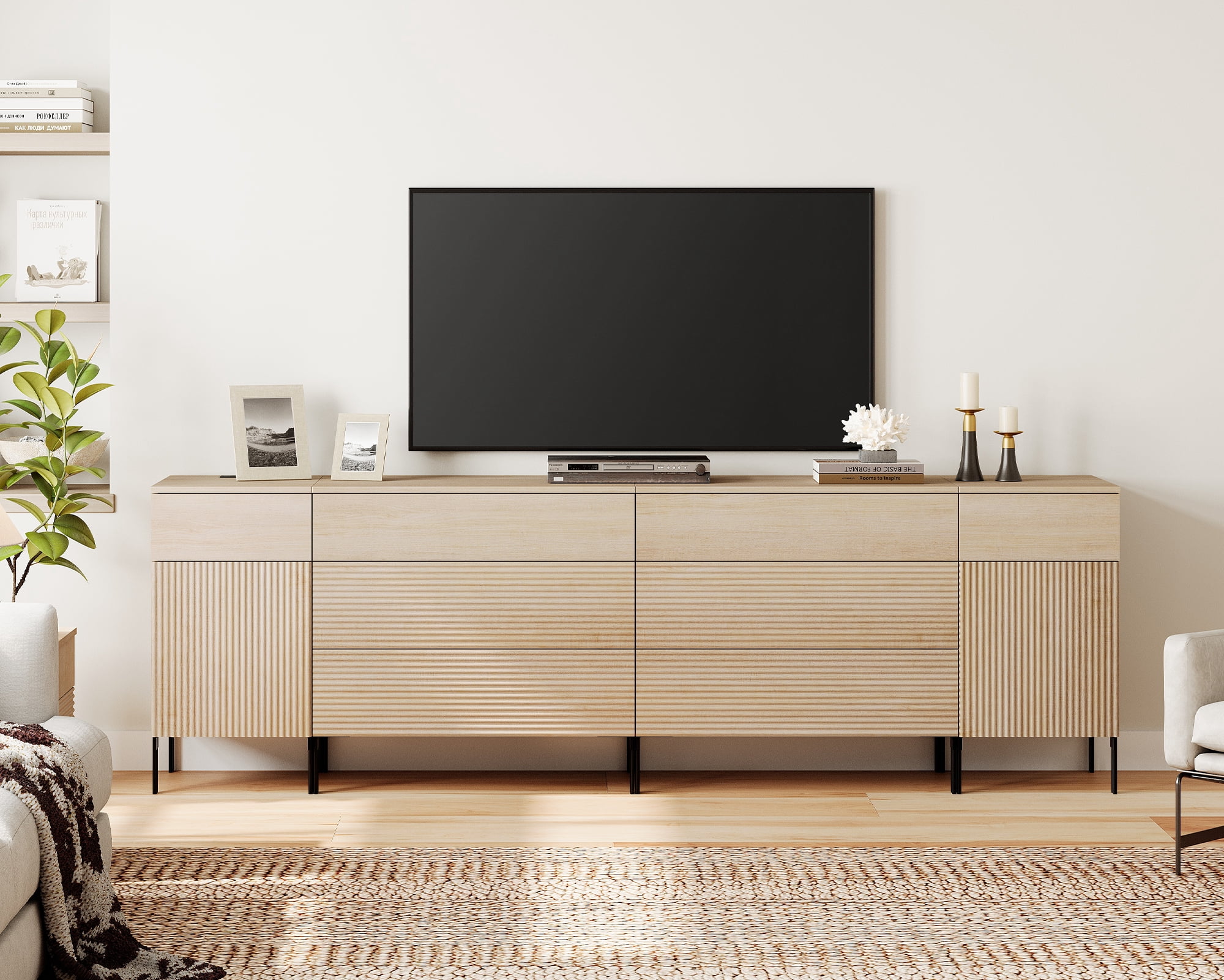 4 In 1 TV Stand For Tvs Up To 120 Inches, Modern Entertainment Center With Glass Doors And Metal Legs, TV Console With Adjustable Shelf,Oak