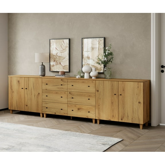 Wood Dresser with 6 Drawers and 2 Cabinets for Bedroom, Modern Chest of Drawer, 118" Wide, Oak Brown Wood Finish