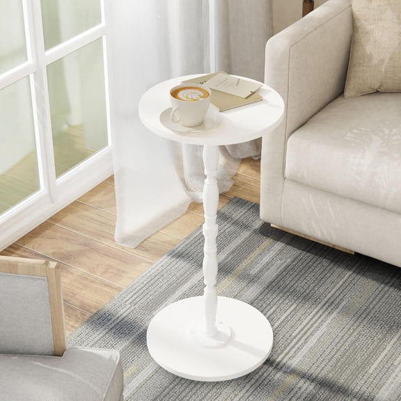 Wood Drink Table, Round Side Table for Small Spaces, Pedestal End Table Modern Accent Nightstand for Living Room, Bedroom, Office, Sofa Corners, White