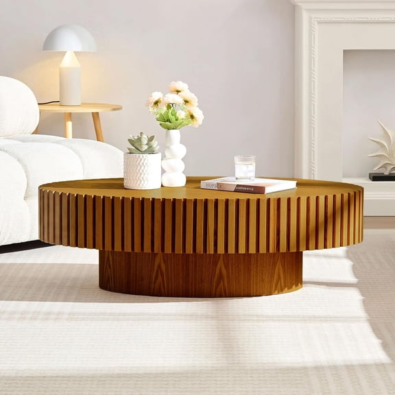 Wood Drum Coffee Table Handcraft Fluted Coffee Table Modern Mid Century Handcrafted Relief Tea Table Olive-Shaped Sturdy Pedestal Small Side Tables for Living Room Apartment (Wood)