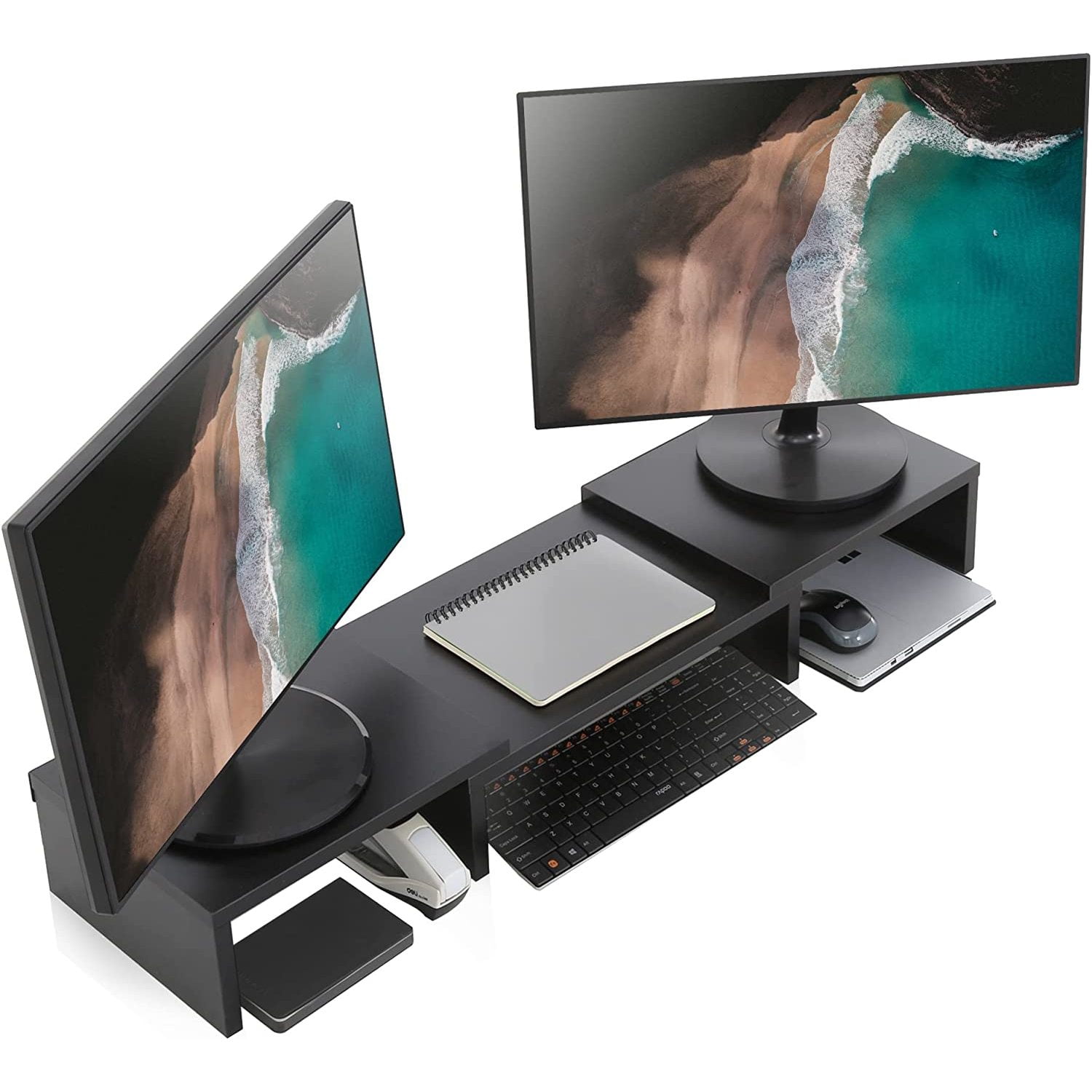 Computer Risers For Desktop Wood Dual Monitor Stand Riser with Adjustable Length Multi Media ...