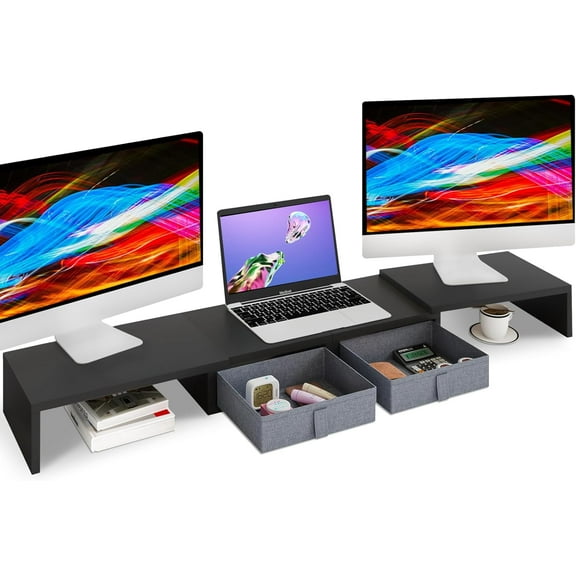 Wood Dual Monitor Stand Riser with Drawers-Length and Angle Adjustable Triple Monitor Stand with Storage Large Computer Riser for 2/3 Monitors/Laptops/PC/Printers