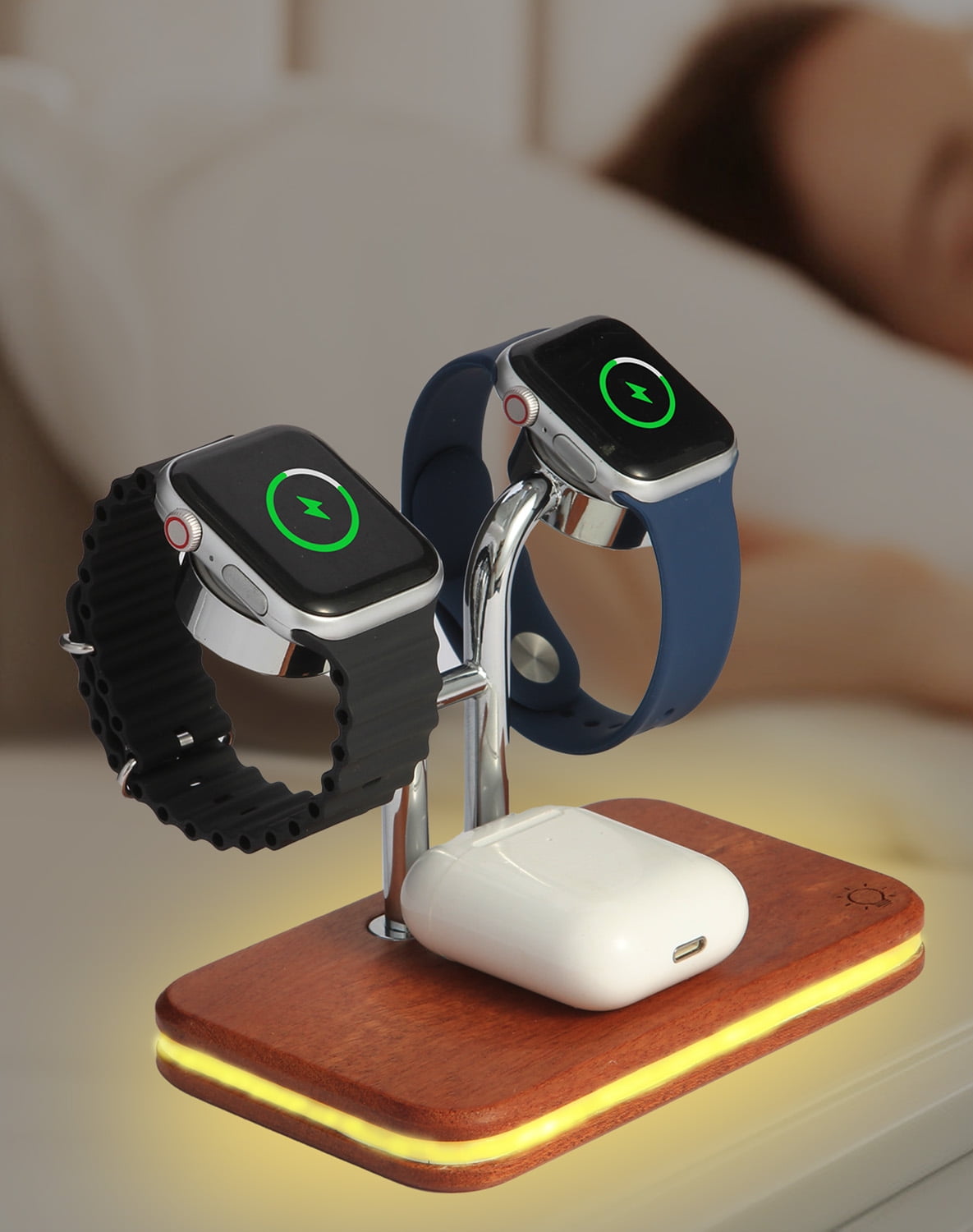 Wood Dual Watch Charger for Apple Watch Series 10 9 8 7 6 5 4 3 2 1 Se Se2 Ultra Ultra 2,Watch Charging Stand Fast Charger,iWatch and AirPods Charging Station with LED Touch Night Light,Gifts for Men