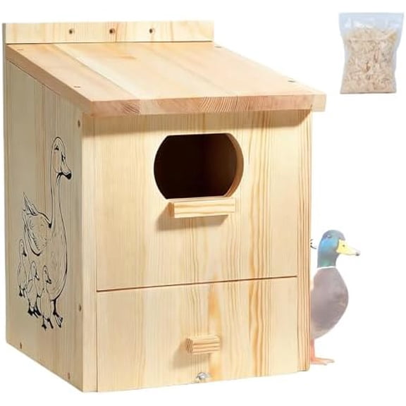Wood Duck Nesting House Outdoor - Waterproof Duck House for Mallards Hooded Mergansers, 17 x 12 x 12 Inches Large Wooden Duck Box for Backyard Pond Wetland Garden Outside$$Garden & Patio