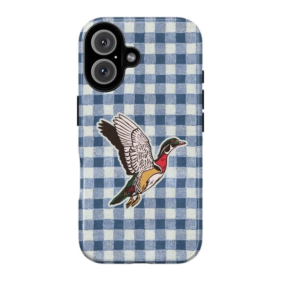 Wood Duck Phone Case, Blue Gingham Check Flying Mallard Retro Country Hunting Cover for iPhone 17 16 15 14 13 12 11 Plus Pro Max Mini