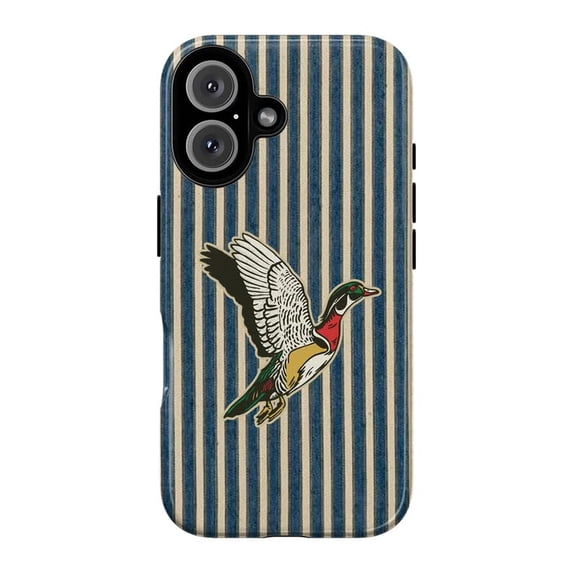 Wood Duck Phone Case, Navy Blue Stripe Flying Mallard Retro Hunting ...