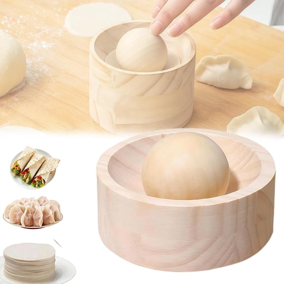 Wood Dumpling Maker Press Tool, Round Wooden Dumpling Press Mold for Homemade Wrappers, Non-Stick Dumpling Skin Press Tool for Kitchen & Home Cooking (1-layer base + sphere)