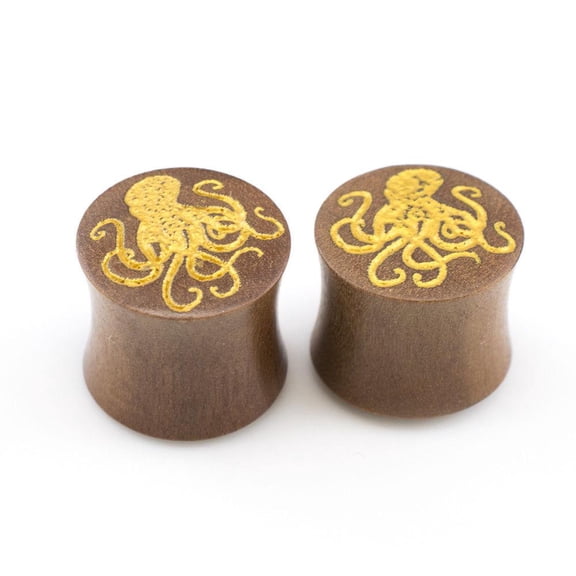 Wood Ear Plug Gauges With Octopus Engraving Pair
