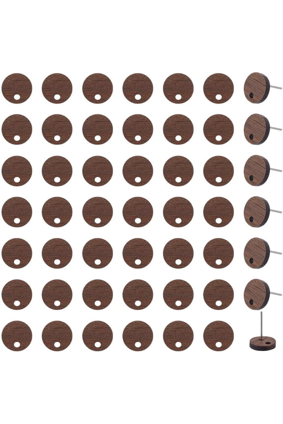 Wood Earring Posts 60 Pieces 10mm Flat Round Studs with Loop Walnut Finish Jewelry Making Supplies