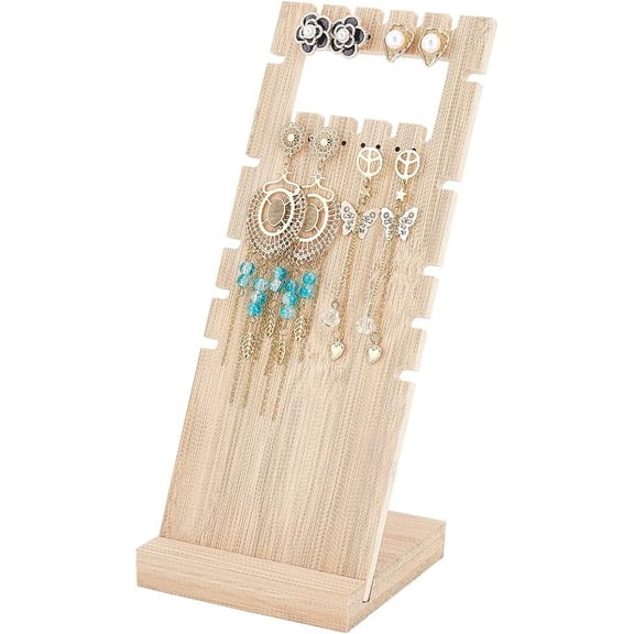 Wood Earring Stud Display Pegboard 2 Row 16 Holes Jewelry Display Stand Earring Display Rack Earring Hanger Board Earring Holder Organizer with Base for Dangle Earring Necklace Display for DIY