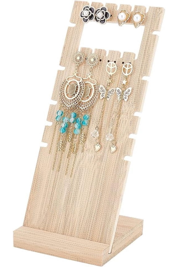 Wood Earring Stud Display Pegboard 2 Row 16 Holes Jewelry Display Stand Earring Display Rack Earring Hanger Board Earring Holder Organizer with Base for Dangle Earring Necklace Display