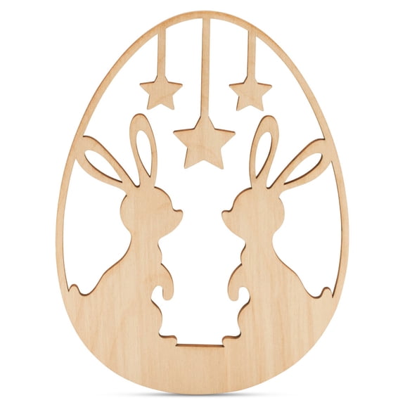 Wood Easter Egg Cutout w/ Bunnies & Stars, 3-Inch, 1/8 Inch Thick, Pack of 5 Easter Crafts, for Basket Stuffers & Ornaments, by Woodpeckers