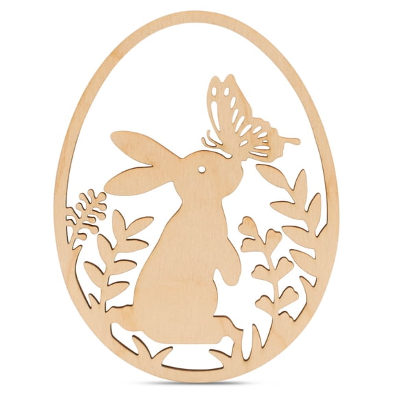 Wood Easter Egg Cutout w/ Bunny & Butterfly, 8-Inch, 1/8 Inch Thick, Pack of 5 Easter Crafts, for Basket Stuffers & Ornaments, by Woodpeckers