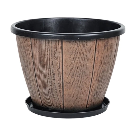 Wood Effect Plastic Flower Pot Decorative Gardening Planter With Base Tray For Indoor Outdoor Plants Brown
