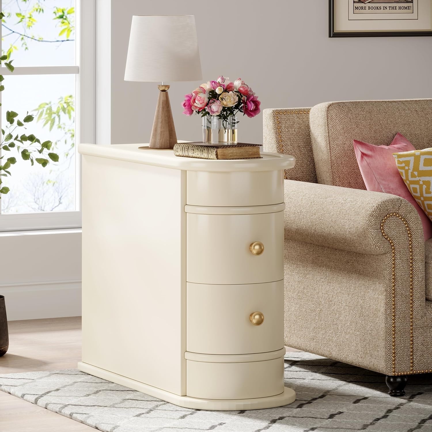 Creamy White Round Wood End Table with Storage Drawers