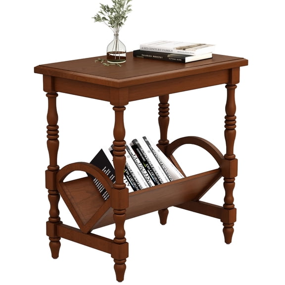 Wood End Table, Vintage Sofa Side Table with Magazine Rack and Rubberwood Legs, Bedside Table with Birch Wood Veneer Finish for Living Room Bedroom Small Space Home Office , Cherry