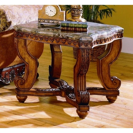 Wood End Table With Marble Tabletop, Brown- Saltoro Sherpi