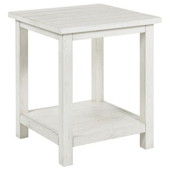Wood End Table with Shelf - Distressed White - Living Room Accent