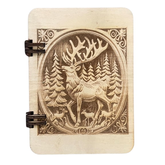 Wood Engraved Christmas Greeting Card with Deer Design 5"x7" Includes White Envelope, Wood Hinges