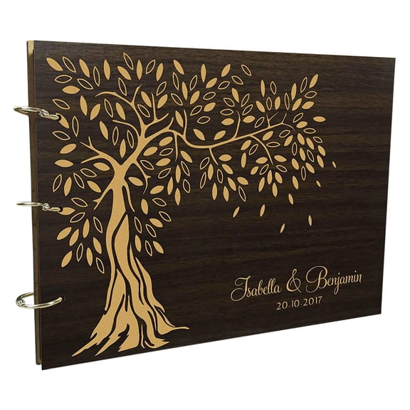 Wood Engraved Custom Scrapbook Personalized Handmade Tree Design Wedding Guest Book