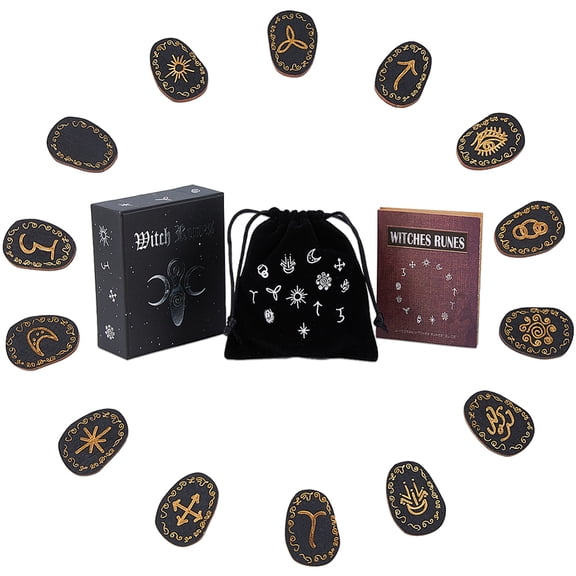 Wood Engraved Gypsy Symbol for Meditation Divination with Drawstring Storage Cloth Bag Moon Goddess Pattern Box Black Wood 35x25x4mm 14pcs diy
