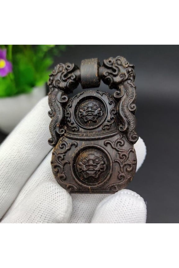 Wood Engraved Tianhu Talisman Pendant Double Dragon Pixiu Amulet Necklace Chinese Style Spiritual Protection Jewelry for Men