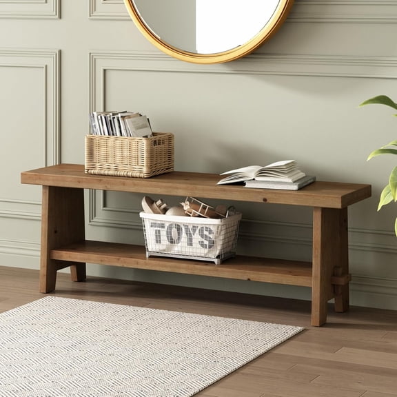 Wood Entryway Bench - 51.2" Farmhouse Long Storage Bench, Indoor | Solid Wood Bench Top, Rustic Narrow Bench Seat for Entryway, Dining Room, Living Room and Hallway, Brown