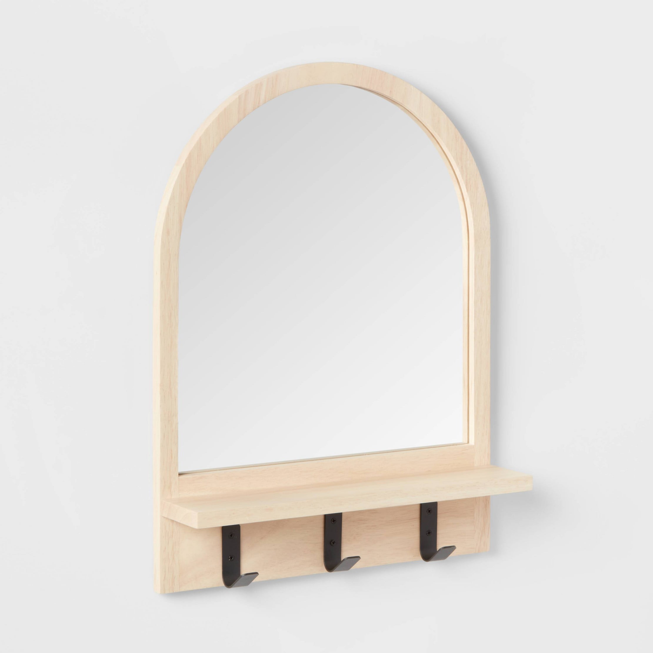 Light Wood Entryway Organizer with Mirror and Hooks