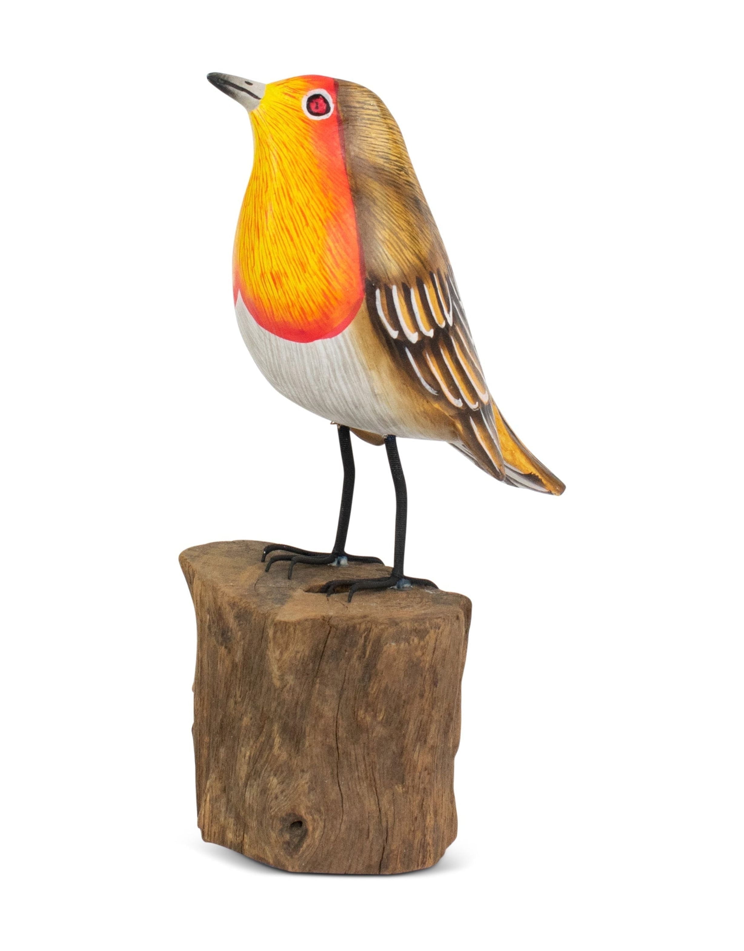 Wood European Robin Figurine – Hand Carved Songbird Sculpture, Rustic Bird Decor on Driftwood Base