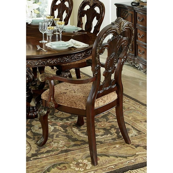 Wood Fabric Arm Chair With Deep Engraved Design, Brown & Beige (Set of 2)- Saltoro Sherpi