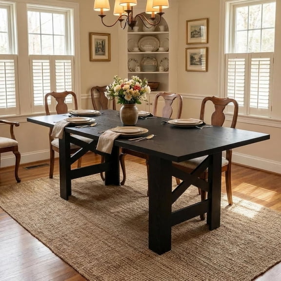 Wood Farmhouse Dining Table for 6-8, Heavy Duty Large Kitchen Table, 70.87" Long Rectangular Dining Room Tables with Strong Legs, Thickness Tabletop, for Big Family, Dinette, Rustic Black