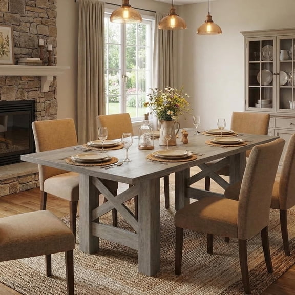 Wood Farmhouse Dining Table for 6-8, 7.87" Long Rectangular Dining Room Tables with Strong Legs, Thickness Tabletop, for Big Family, Dinette,Gray