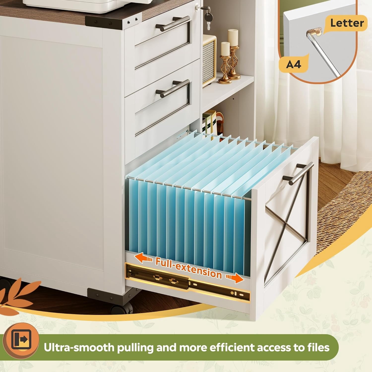 Wood File Cabinet with Charging Station, Mobile Lateral Filing Cabinet with Lock for Home Office, Printer Stand with Open Storage Shelves, Cottage Style White