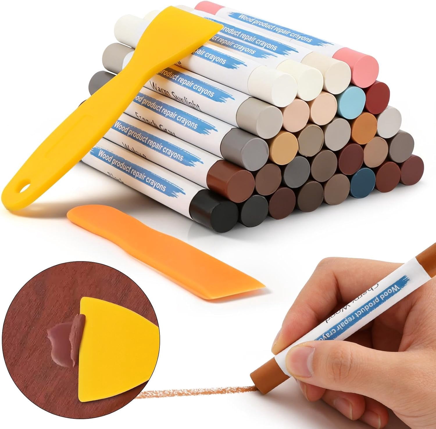 60 2 Pcs Wood Filler Sticks & Wood Crayons for Scratches, 30 Colors Wax Repair Kit with 2 Scrapers for Furniture, Floors, Cabinets, Baseboards - Quick & Easy Touch Up