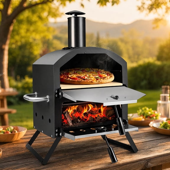 Wood Fired Outdoor Pizza Oven, Portable 2-Layer Pizza Maker with 12" Pizza Stone & Waterproof Cover Folding Legs, Removable Rack for Camping, Backyard BBQ, Tailgating