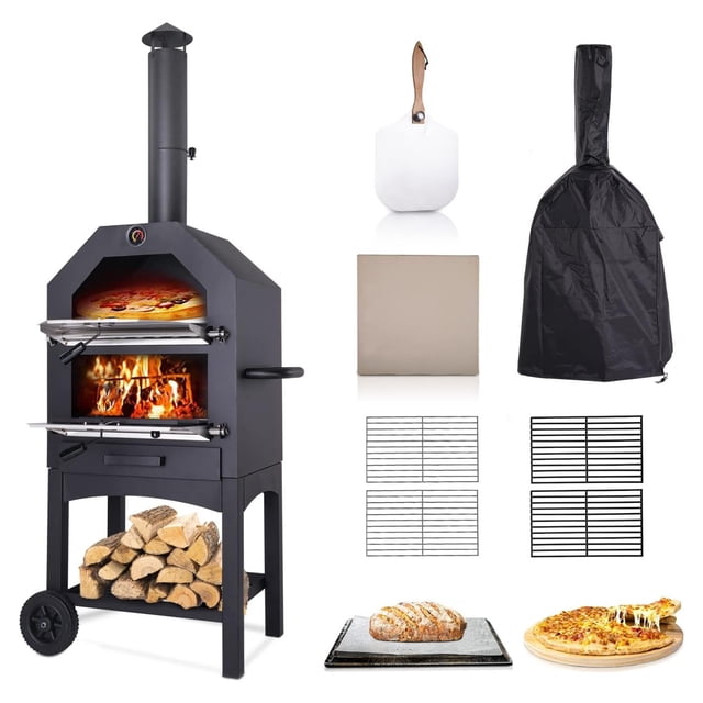 Wood Fired Outdoor Pizza Oven with Waterproof Cover, Pizza Stone and