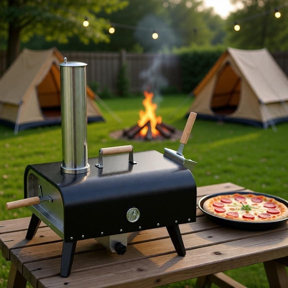 Wood Fired Pizza Oven Outdoor with Rotating Cordierite Stone Thermometer Peel Portable Backyard Camping Patio BBQ Grill for Homemade Neapolitan Pizza Steel Construction 12 Inch Stone Black
