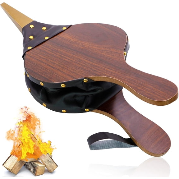 Wood Fireplace Bellows 17''x7.5'' with Hanging Leather Strap, Brown Air Bellower for Outdoor BBQ and Camping