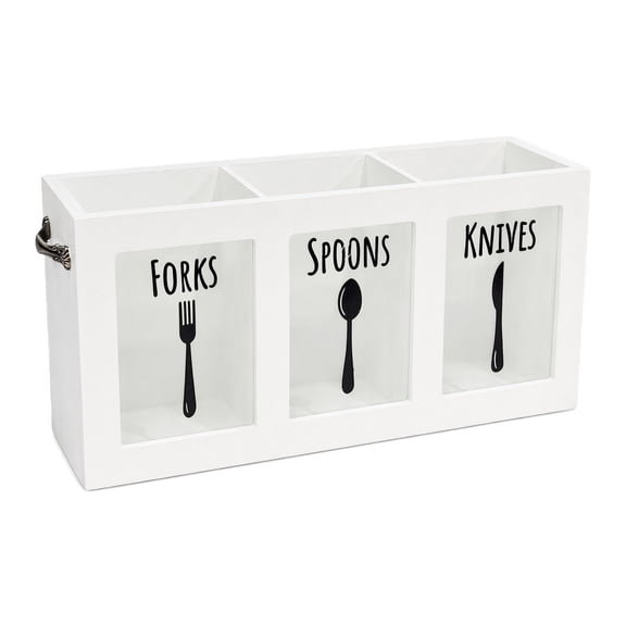 Wood Flatware Organizer, 3-Compartment White Cutlery Holder Silverware Caddy for Kitchen Countertop, Forks, Spoons and Knives Storage